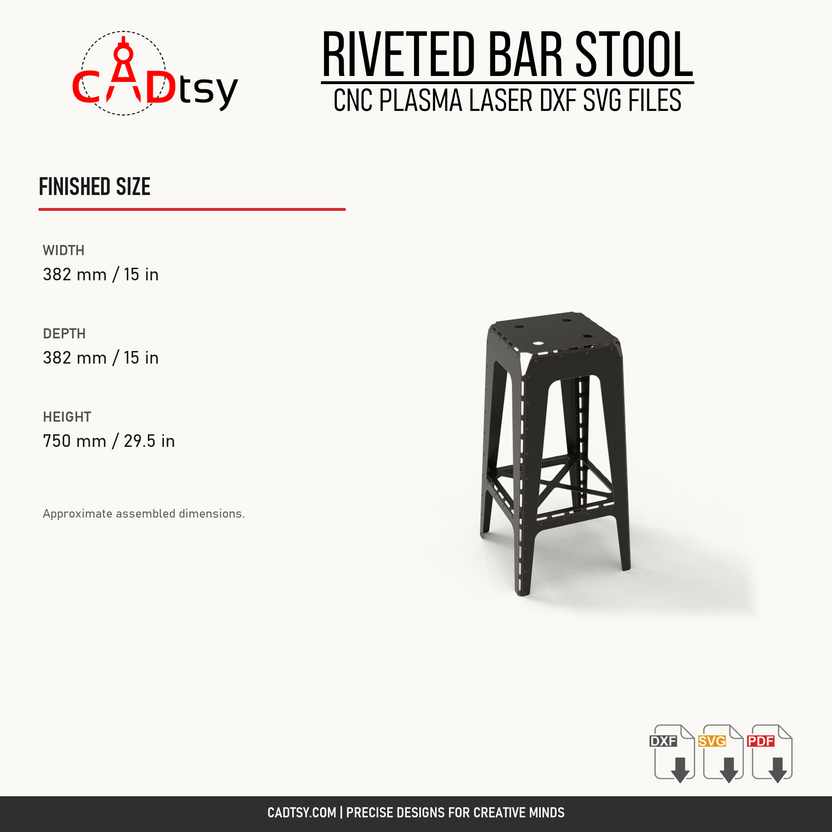 Finished dimensions for the 750 millimeter riveted metal bar stool
