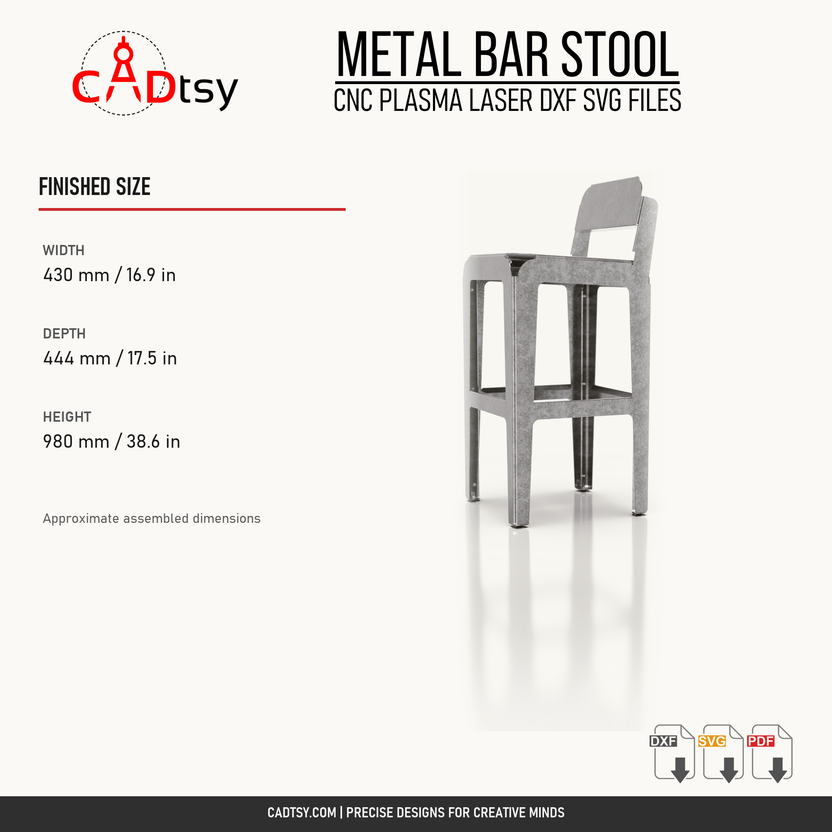 Verified finished dimensions for the metal backrest bar stool