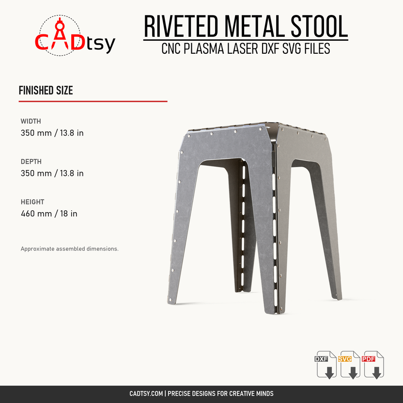 Finished dimensions for the 350 millimeter riveted metal stool
