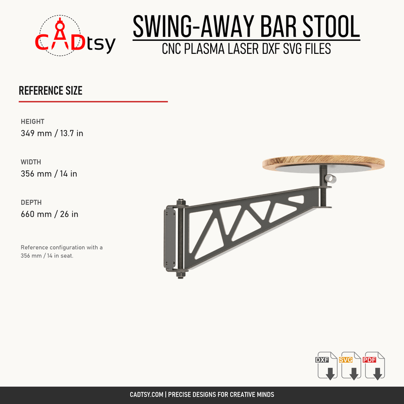 Reference dimensions for the wall-mounted swing-away bar stool