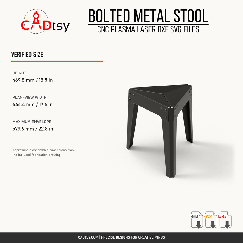 Verified assembled dimensions for the 470 millimeter bolted metal stool