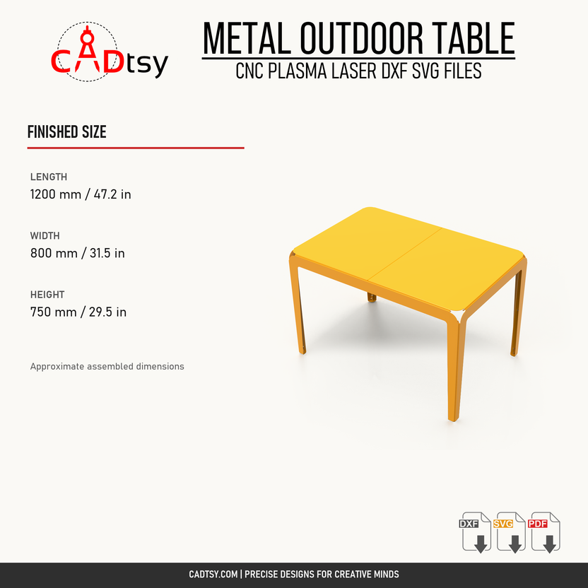 Verified finished dimensions for the 1200 by 800 millimeter metal outdoor table