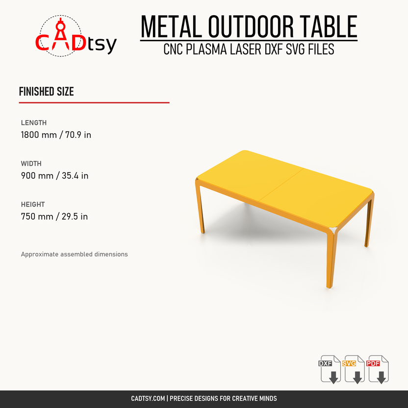 Verified finished dimensions for the 1800 by 900 millimeter metal outdoor table