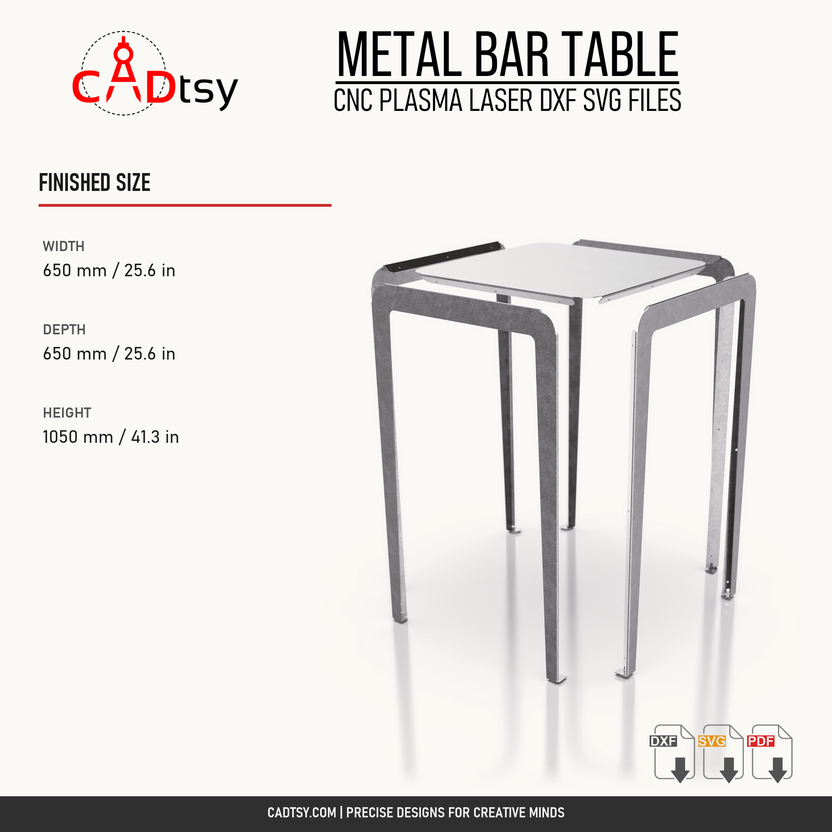 Finished dimensions of the 650 by 650 by 1050 millimeter metal bar table