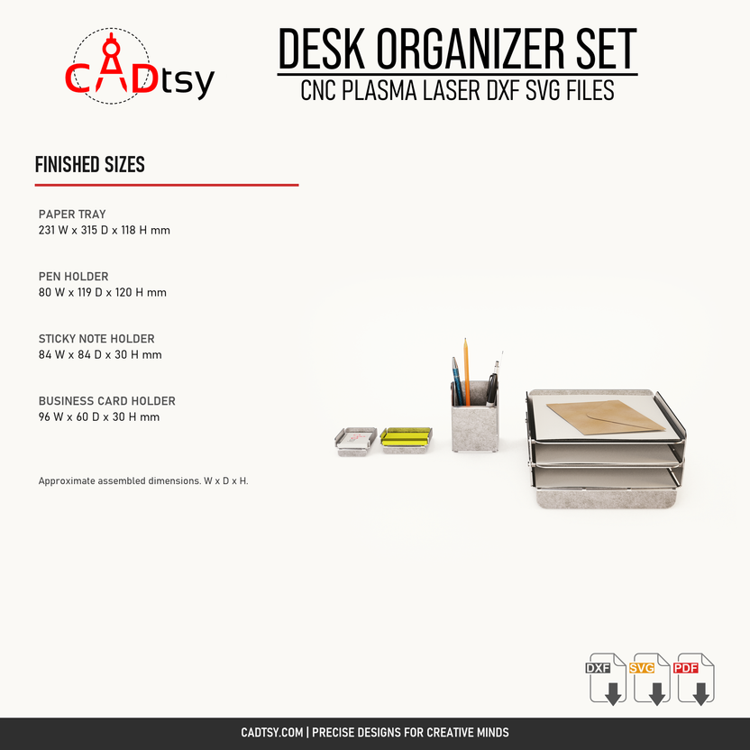 Finished dimensions for all four metal desk organizer projects