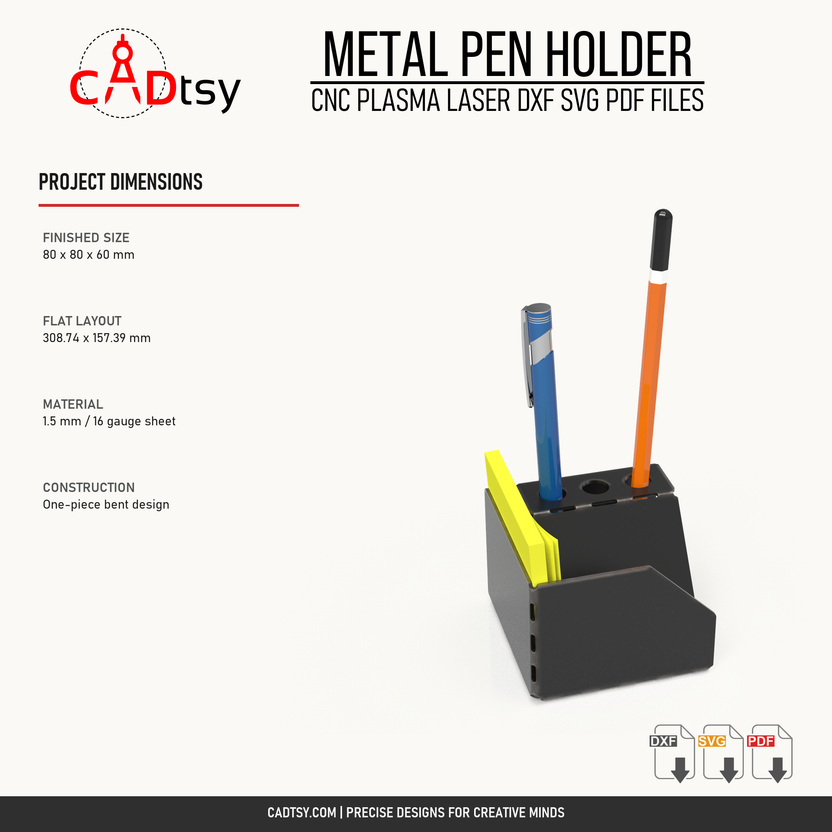 Finished size, flat-layout size, material thickness, and one-piece construction
