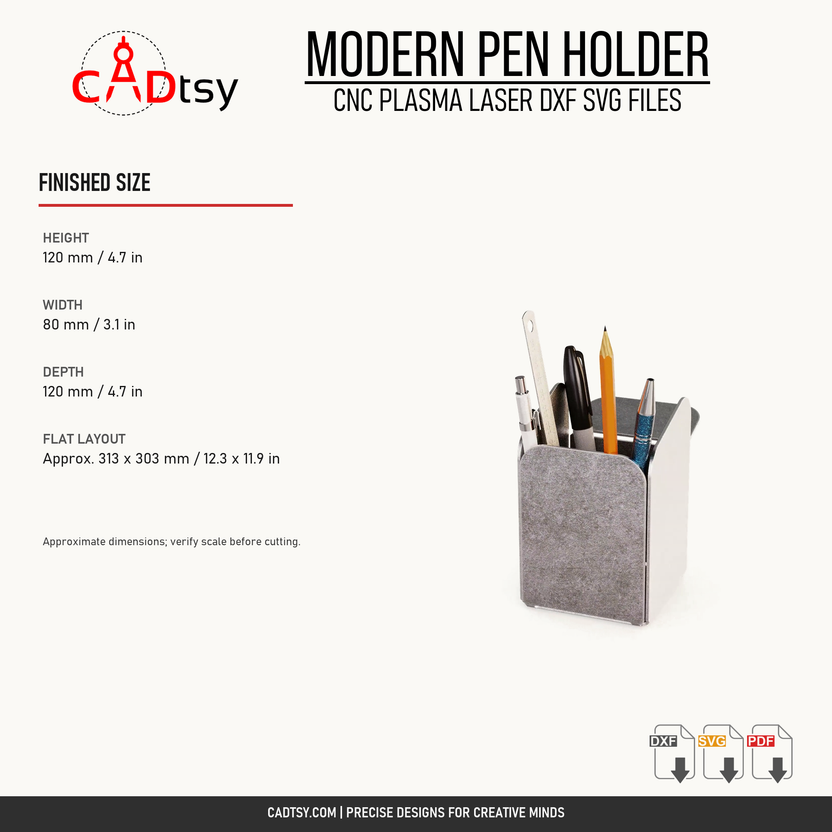 Finished and flat-layout dimensions for the modern metal pen holder