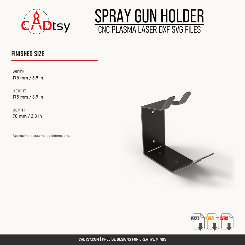 Spray gun holder finished width, height, and depth dimensions