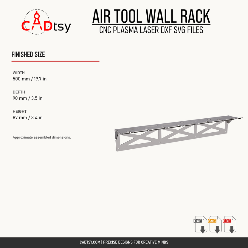 Air tool wall rack finished width, depth, and height dimensions