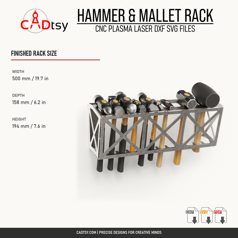 Finished hammer and mallet rack dimensions: 500 by 158 by 194 millimeters