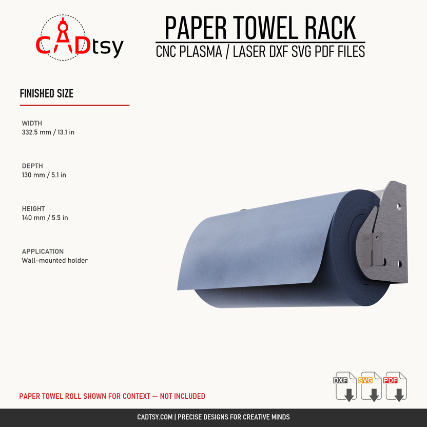 Finished paper towel rack width, depth, height, and wall-mounted application