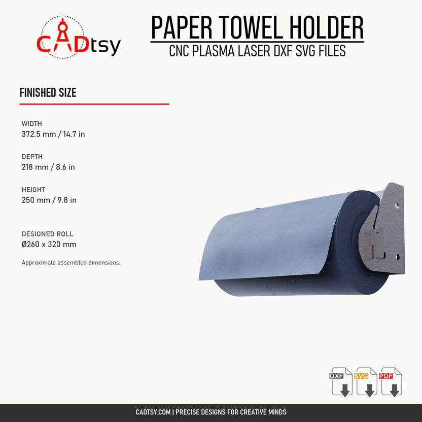 Paper towel holder finished width, depth, height, and designed roll size