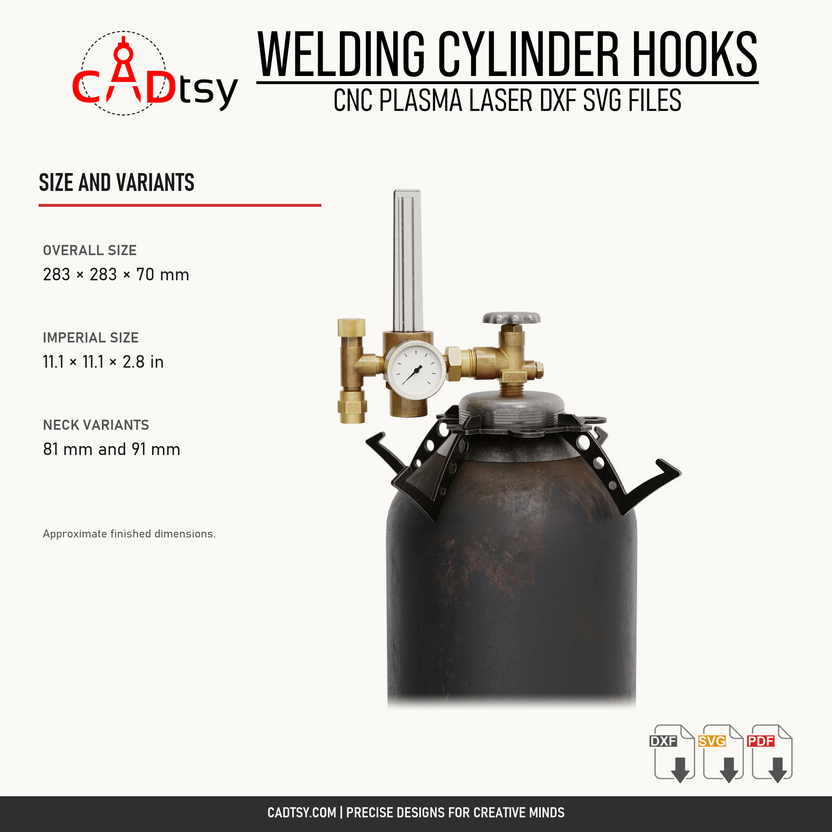 Welding cylinder hook dimensions and included neck variants