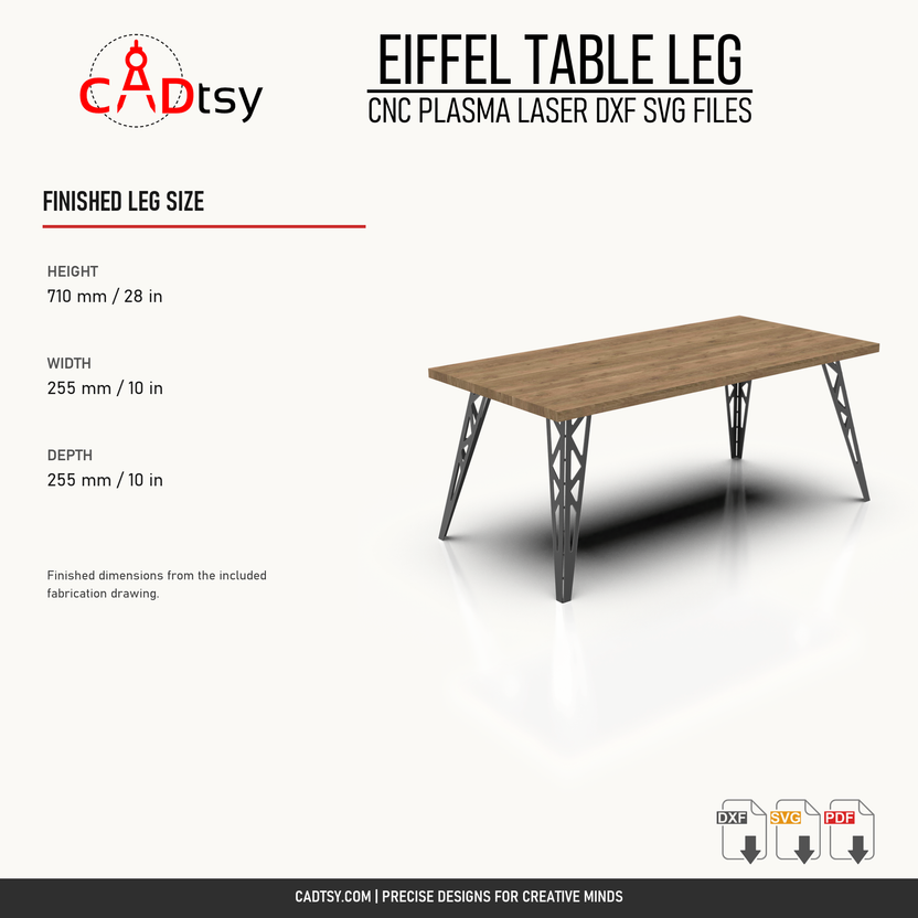 Finished Eiffel table-leg dimensions: 710 by 255 by 255 millimeters
