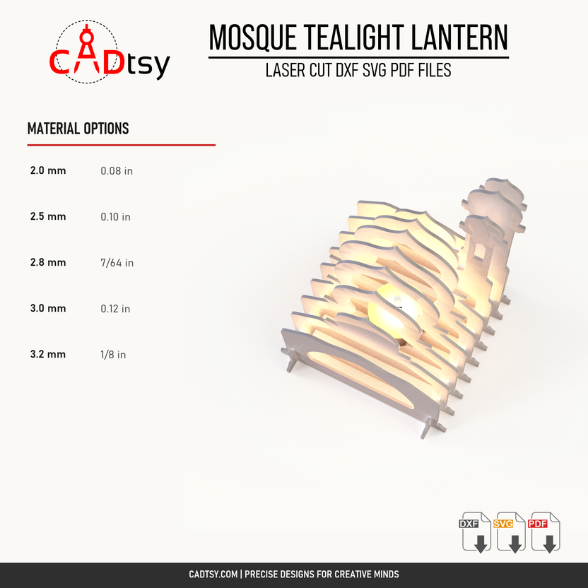 Five laser-cut material thickness options from 2.0 to 3.2 millimeters