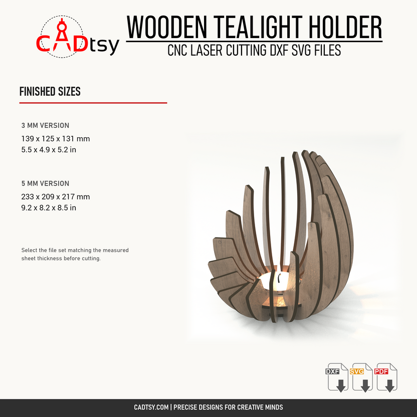 Finished sizes for the 3 millimeter and 5 millimeter wooden tealight holder variants