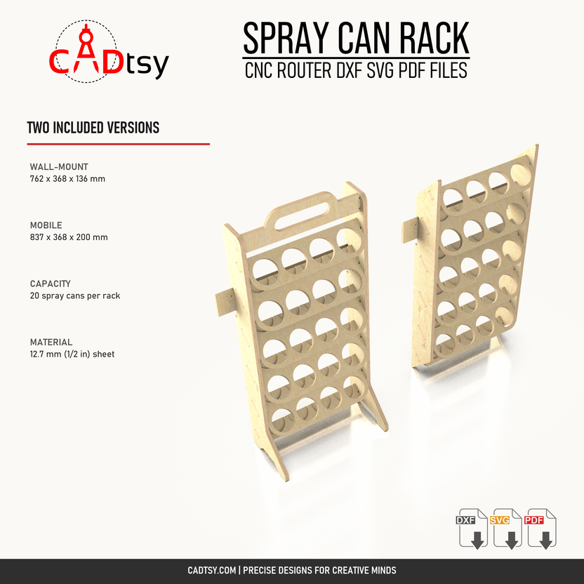 Wall-mounted and mobile rack dimensions, twenty-can capacity, and material thickness