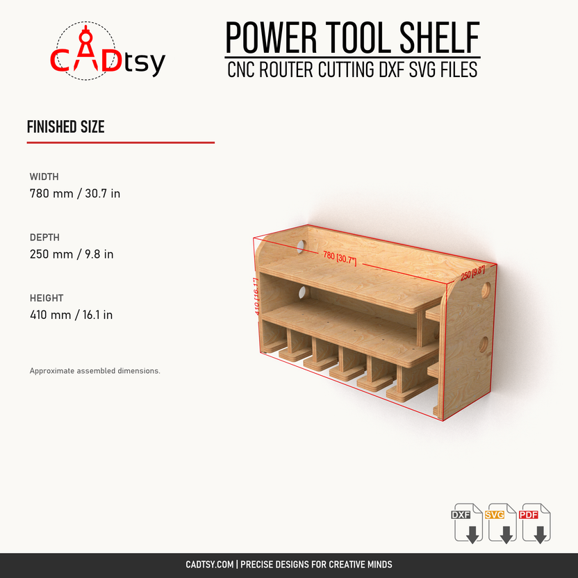 Finished dimensions of the six-slot plywood power tool shelf