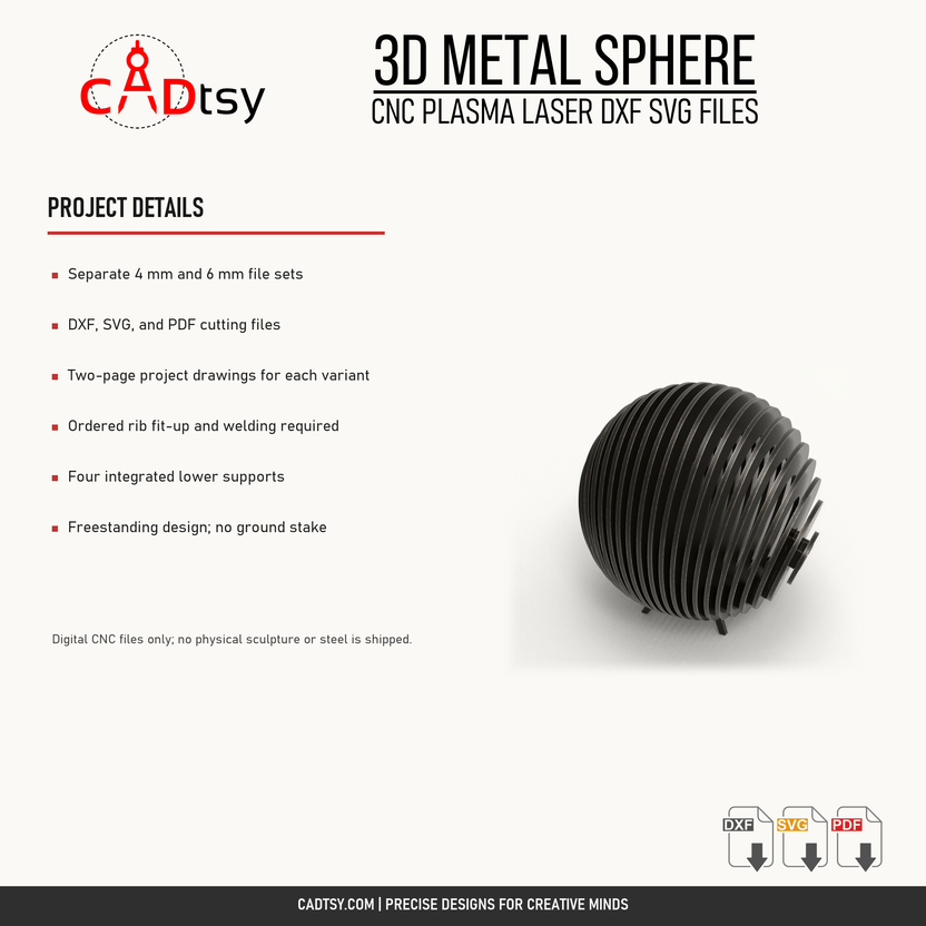 Metal sphere sculpture file variants, fabrication operations, supports, and included formats