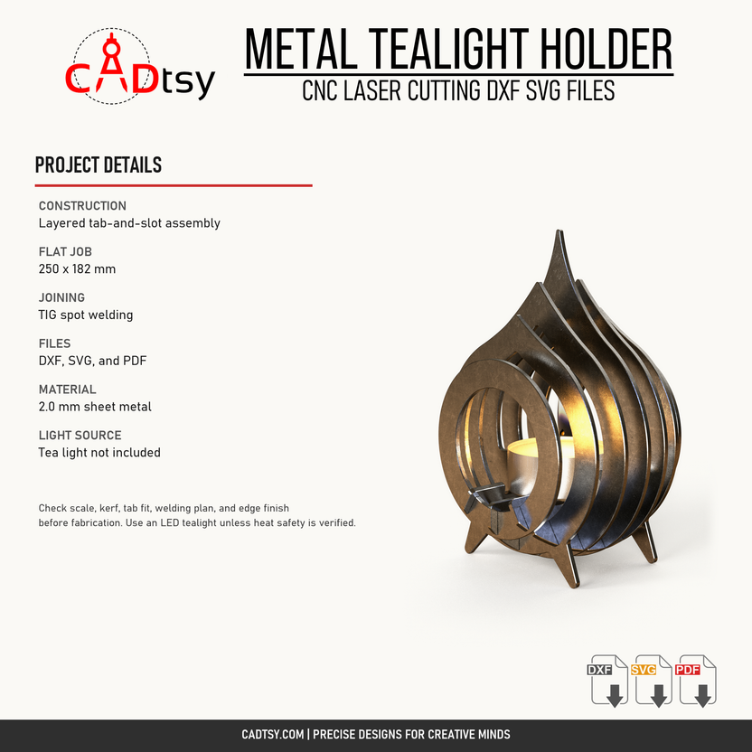 Metal tealight holder construction, flat job, welding, files, material, and light-source details
