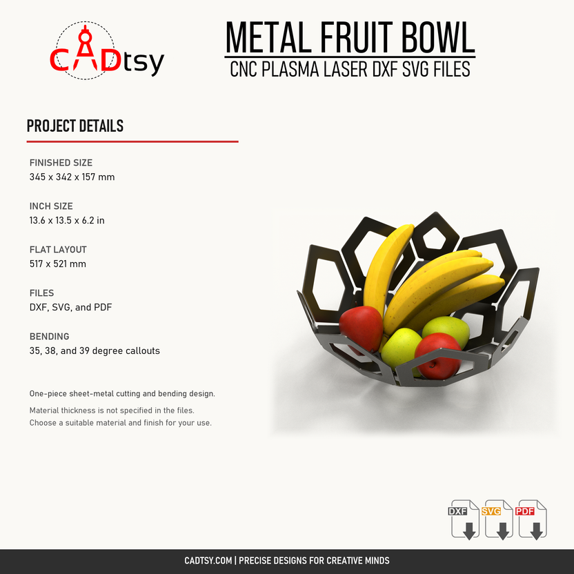 Metal fruit bowl CNC project dimensions and included cutting files