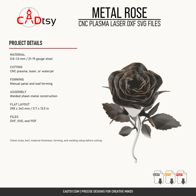 Material, cutting, forming, welding, layout, and included-file details for the metal rose