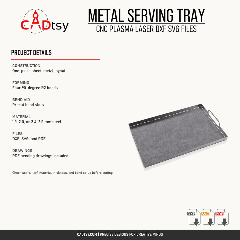 Construction, bending, material, and included-file details for the serving tray