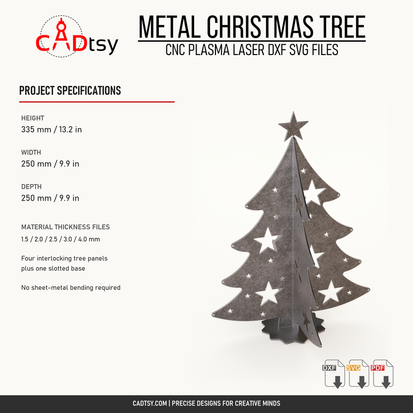 Finished dimensions and five material-thickness file variants for the metal Christmas tree