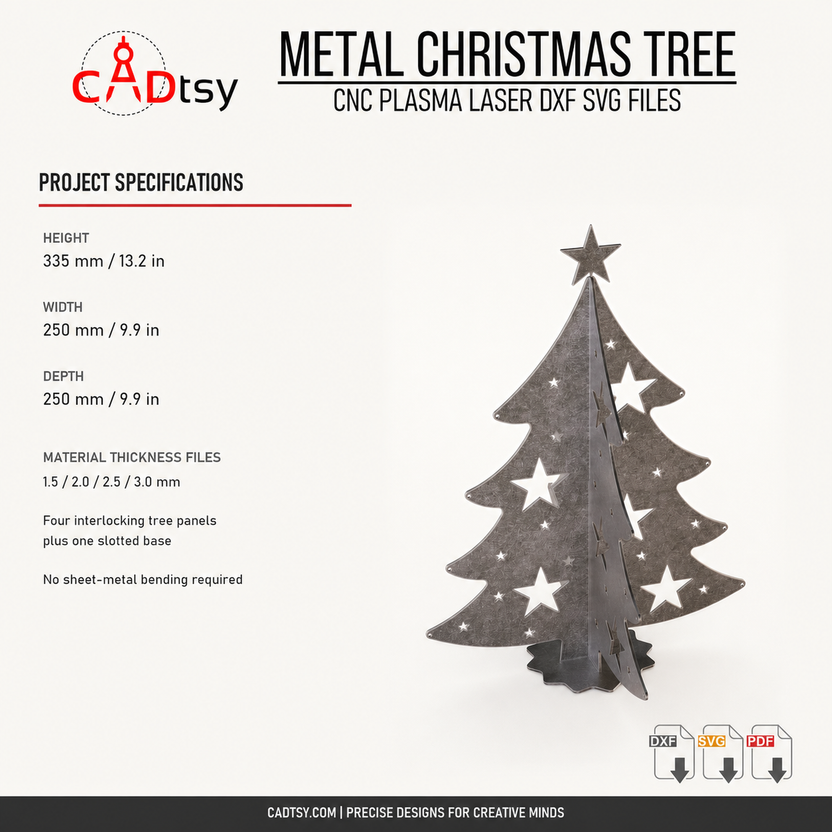 Finished dimensions and four material-thickness file variants for the metal Christmas tree