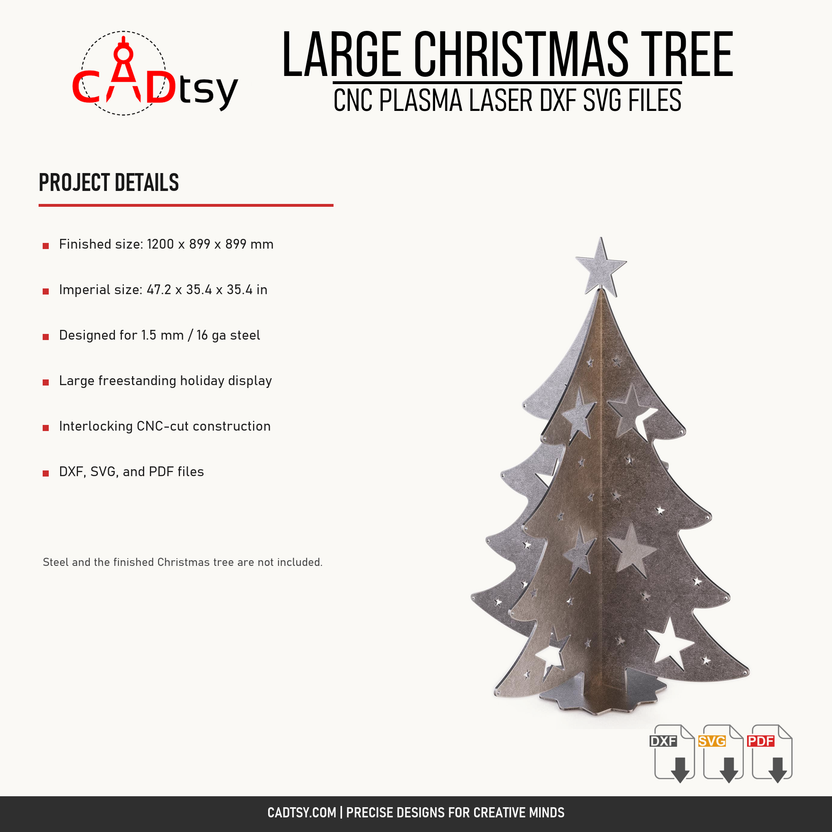 Large Christmas tree dimensions, steel thickness, construction, and included digital file details