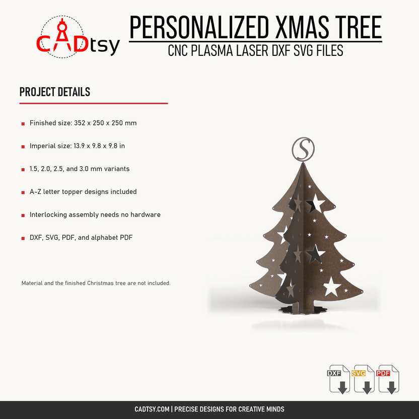 Personalized Christmas tree dimensions, thickness variants, A-Z toppers, assembly, and included file details