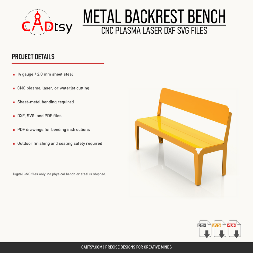 Metal backrest bench material, fabrication operations, files, and outdoor finishing details