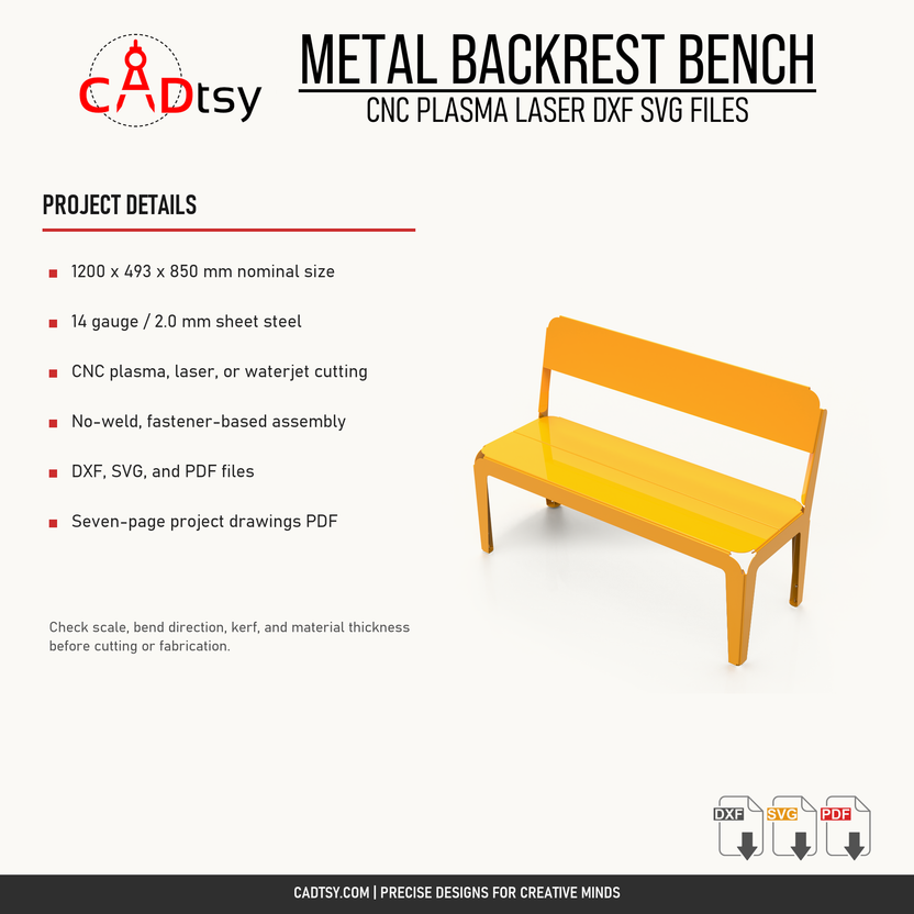 Material, cutting, bending, and included file details for the metal backrest bench
