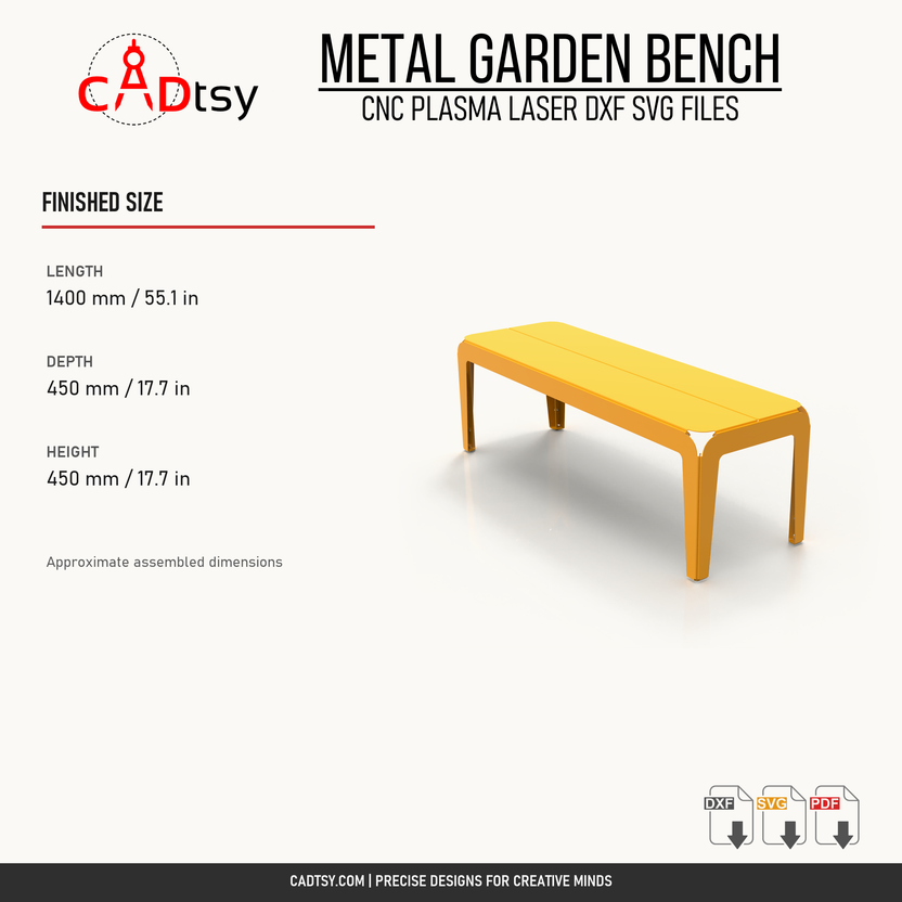 Verified finished dimensions for the 1400 millimeter metal bench