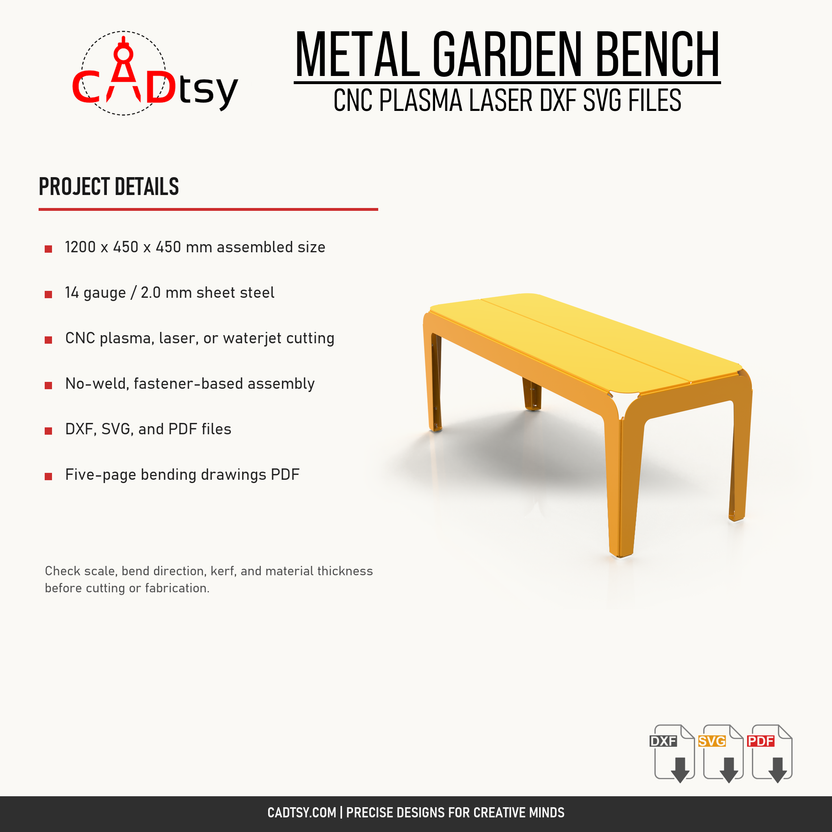 Material, cutting, bending, and included file details for the flat metal bench