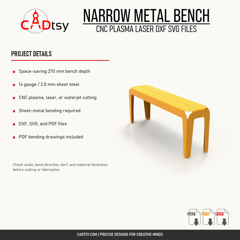 Material, cutting, bending, and included file details for the narrow metal bench