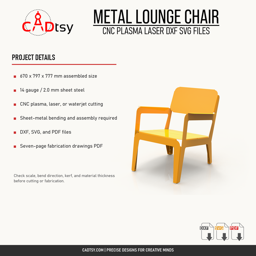 Material, cutting, bending, and included file details for the metal lounge chair