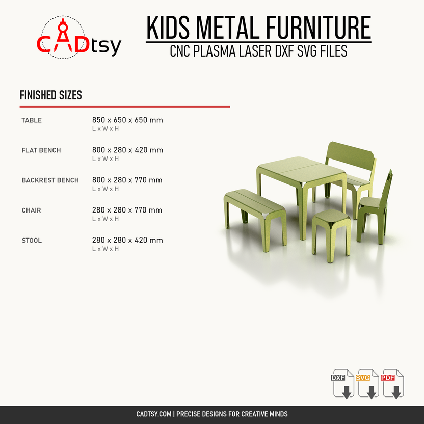 Verified finished dimensions for all five kids furniture components