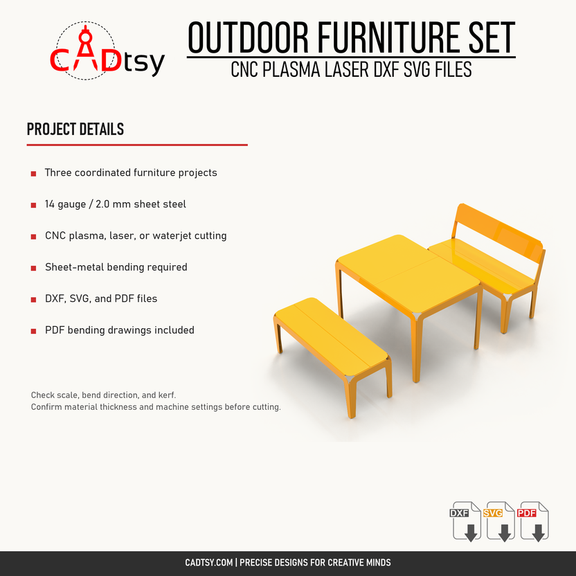 Material, cutting, bending, and included file details for the outdoor furniture set
