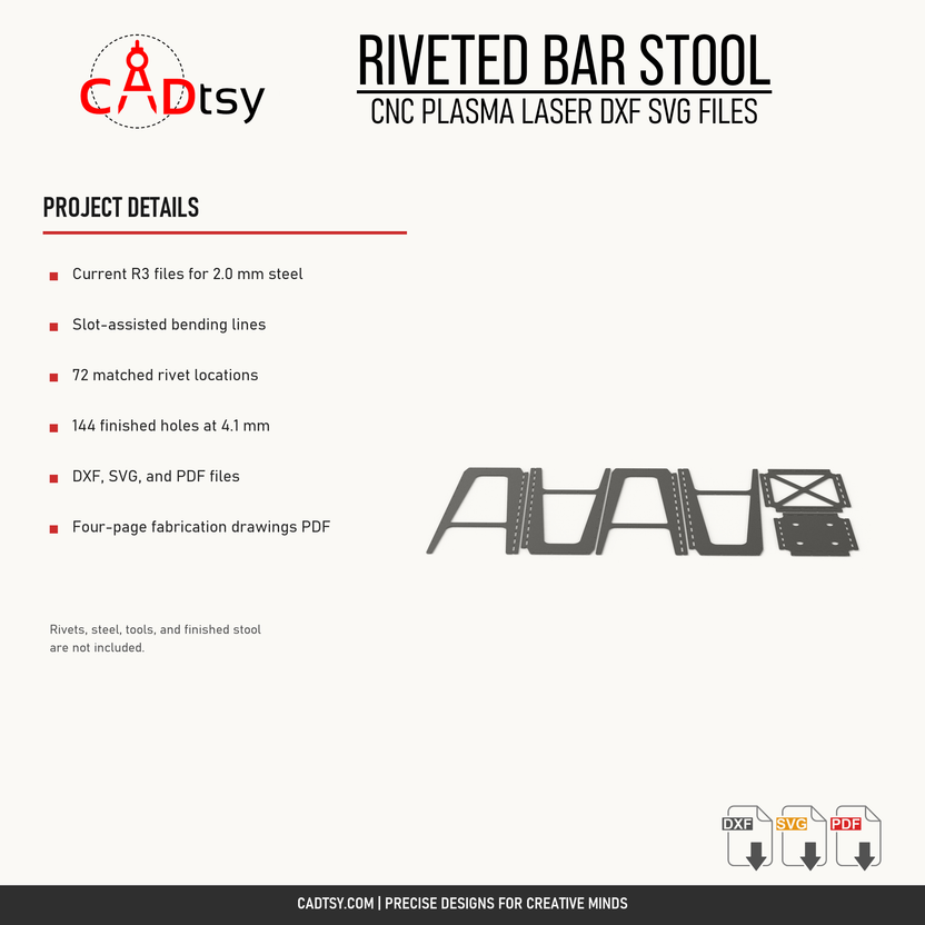 Material, rivet-hole, bending, and included file details for the metal bar stool