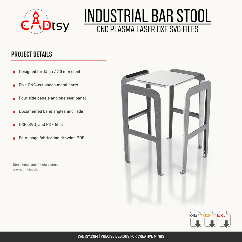 Material, bending, part-count, and included file details for the industrial bar stool