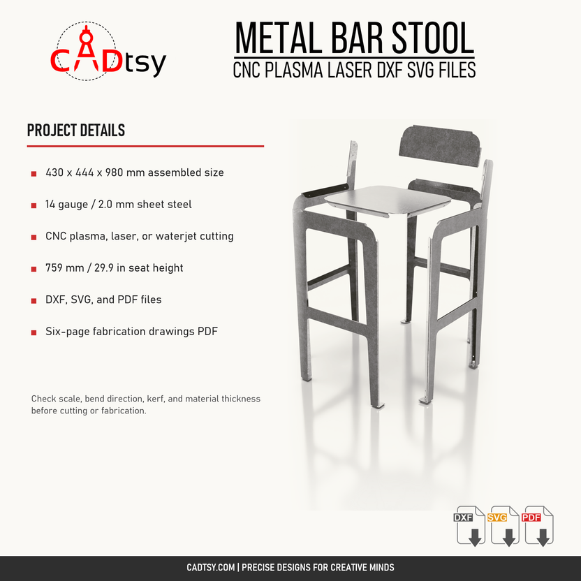 Material, cutting, bending, and included file details for the metal bar stool