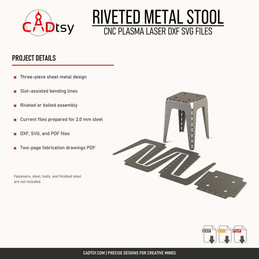 Material, bending, assembly, and included file details for the riveted metal stool