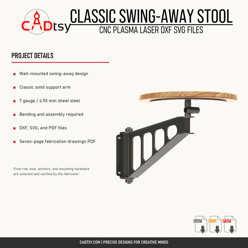 Material, mounting, fabrication, and included file details for the swing-away stool