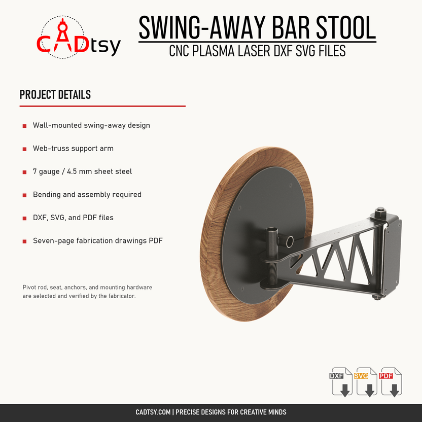 Material, mounting, fabrication, and included file details for the swing-away stool