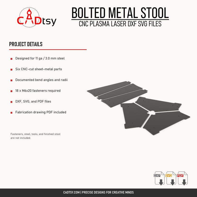 Material, fastener, bending, and included file details for the bolted metal stool