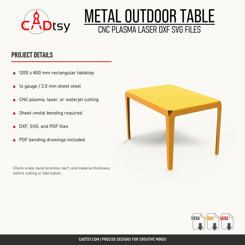 Material, cutting, bending, and included file details for the metal outdoor table