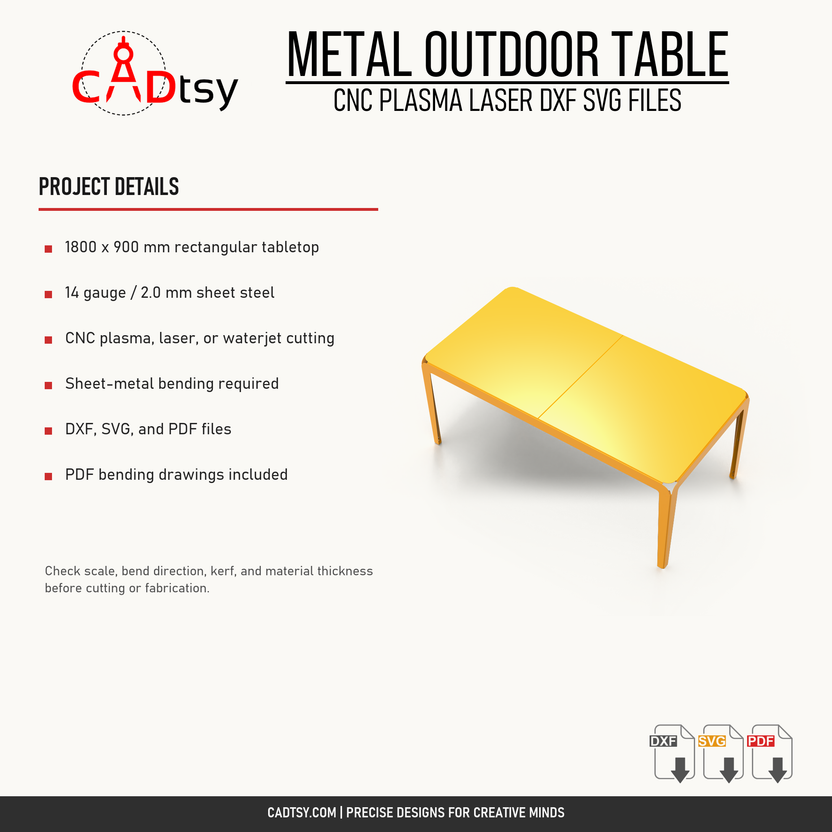 Material, cutting, bending, and included file details for the metal outdoor table