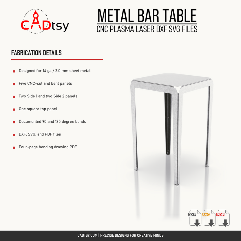 Material, panel count, bending operations, and included files for the metal bar table