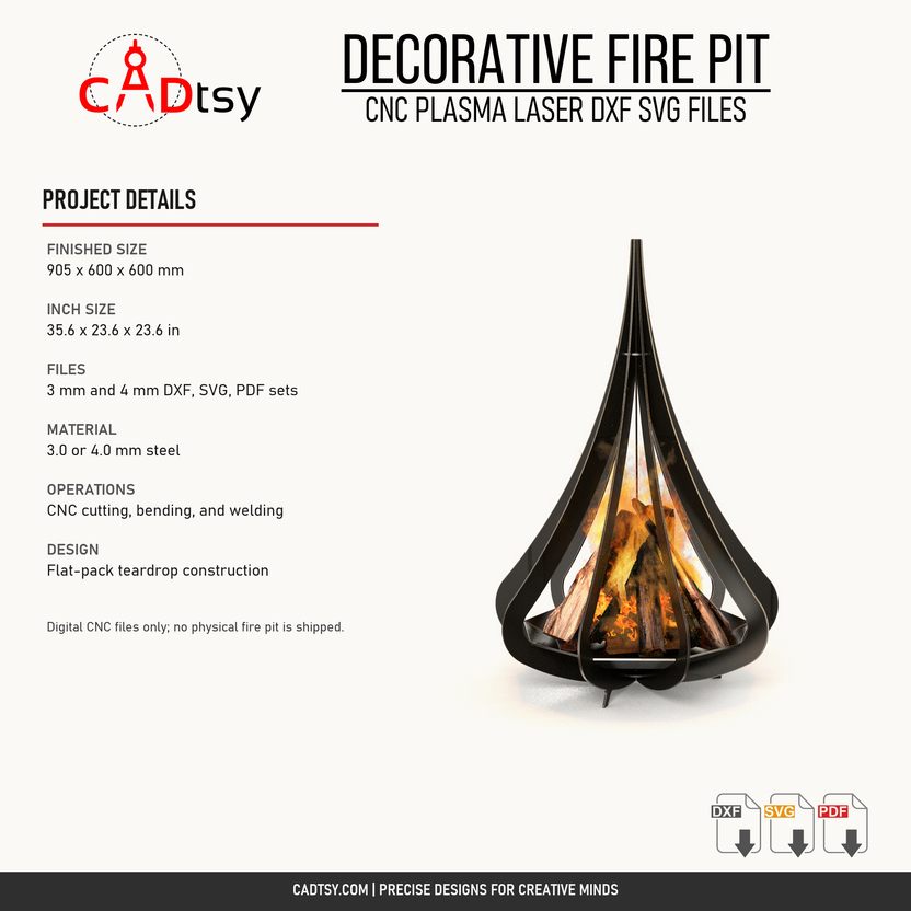 Decorative fire pit dimensions, material variants, included files, and fabrication operations